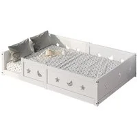 SEEZSSA Einzelbett Massivholzbett Holzbett Weiß Bodenbett mit Kopf und Fußteil Bett (120x200 cm Kinderbett Montessori Bett), mit Lattenrost und Rausfallschutz,Weiß-D