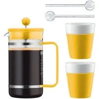 Bodum French Press Kanne, silberner Permanentfilter, Set, 2 Porzellantassen mit 0,3 Liter, 2 Kaffeelöffel aus Kunststoff