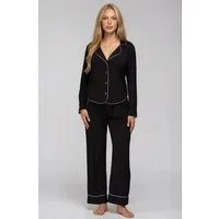 Mademoiselle Sommeil Pyjama Damen Schlafanzug Set aus schwarzer EcoVero™ Viskose Langarm-Hemd, Knopfleiste & Hose, roséfarbene Paspel, Made in Polen
