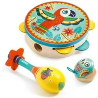 DJECO Spielzeug-Musikinstrument Animambo Instrumenten 3-Set Tamburin, Maracas, Kastagnette