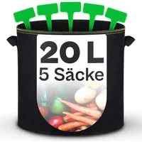 Praknu Pflanzkübel Pflanzsack 20l - 5 STK aus Vliesstoff mit Schilder zum Beschriften (5er Set, 5 St), mit Griff - Für Gemüse, Pflanzen & Blumen - Stofftöpfe - Grow Töpfe