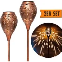 IC Gardenworld LED Solarleuchte 2 Stück LED Solarleuchten für außen aus Metall in Kupfer-Vintage Optik, LED fest integriert, ca. 75 cm hoch, Gartenfackel mit warm-weißer Beleuchtung