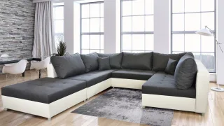 Wohnlandschaft Sofa ANDRO mit Schlaffunktion und Hocker Weiss-Dunkelgrau