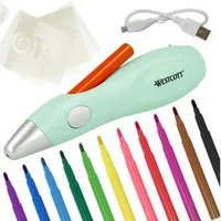 WESTCOTT Airbrushpistole Airbrush Set Kinder, Elektr. Farbsprühstift mit 12 Filzstiften, USB, inklusive 19 Schablonen