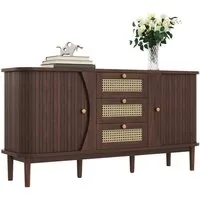 Merax Sideboard Skandi mit 2 Schiebetüren und 3 Schubladen (Rattanschrank Landhausstil, für Wohnzimmer & Flur), Rattan geflecht Kommode, Anrichte Schrank mit Holzfüßen, Breit:140.5cm