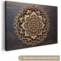 OneMillionCanvasses® Leinwandbild Mandala - Holz - Blumen - Braun, Fotodruck (1 St), Schlafzimmer Deko Aesthetic, Bilder über Bett, 30x20 cm