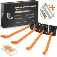 JK Trade Reifen-Wandhalterung 4er Set für Auto Felgen bis 40 kg, (bis 22 Zoll, 4x Reifenhalterung, 16x Schrauben & Dübel, Torx & Profiltiefenmesser, Massiver Stahl mit rutschfester Gummierung)