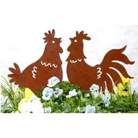 LB H&F Lilienburg Gartenfigur 2er SET Hahn Huhn Hühner Henne Gockel Gartendeko Gartendekoration, (Gartenfigur Dekofigur Deko Garten Geschenk Muttertag Stecker Metall Metallstecker Gartenstecker Tier Beetstecker Tierfigur Frühling Deko rostig Roststec