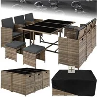 tectake Sitzgruppe Rattan-Gartenlounge für 6 bis 10 Personen, Inkl. Schutzhülle, (Loungeset Malaga, 12-tlg., für Außen in Naturfarben), widerstandsfähig, UV-beständig, mit Sicherheitsglasplatten