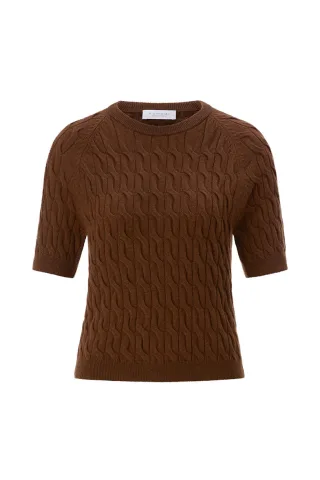 Rich & Royal - Crew Neck Short Sleeve Cable Stitch hazel - Gr. - L