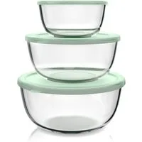 Arendo Salatschüssel 3er Set mit Deckel, Glasschüssel 1,1L / 2,7L / 4,4L, Glas Rührschüssel, Glas, (Set, 3-tlg), Glasschale, BPA-frei, Mikrowellen- und spülmaschinengeeignet