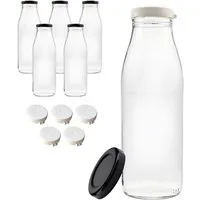 mikken Trinkflasche 6 Milchflaschen 500 ml Glasflasche mit Deckel + Frischhaltedeckel, 0,5 Liter
