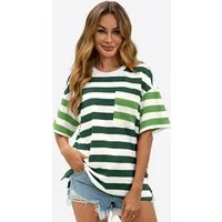 Imily Bela T-Shirt Damen Bluse mit Streifen und Farbblöcken (Packung, 1-tlg., 1per-Pack) Brusttasche