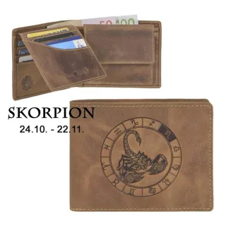 Geldbörse Leder Skorpion-Prägung antikbraun | Greenburry Vintage Portemonnaie mit Sternzeichen. Kompakter Organizer mit 7 Kartenfächern aus Leder.