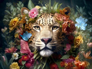 Glasbild JAGUAR WITH FLOWERS