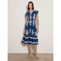 Apricot A-Linien-Kleid Midi-Kleid mit Folk-Blumenmuster mit Stickerei