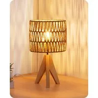 EDISHINE LED Nachttischlampe mit Seil-Lampenschirm, vintage Dekolampe, LED wechselbar, Warmweiß, Tischlampe holz mit Leuchtmittel, Boho Tischleuchte für Schlafzimmer
