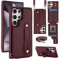 Wigento Handyhülle Fliphülle für Samsung Galaxy S26 Ultra Kartenfach Umhängeband Weinrot 6,9 Zoll, Kartenfächer, Handband, Umhängeband