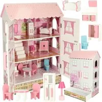 Ikonka Puppenhaus Holzpuppenhaus 80 cm mit Möbeln 3 Etagen Puppenhaus Kinder, (Holzpuppenhaus 80 cm mit Möbeln 3 Etagen Puppenhaus Set, Holzpuppenhaus 80 cm mit Möbeln 3 Etagen mit Schublade Set), 3 Etagen Möbelset Schublade Tür Magnet Puppenhaus Hol