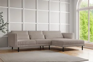 Ecksofa Designersofa AGADA in Stoff Poso Beige Ottomane Rechts