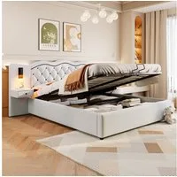 Flieks Polsterbett, Hydraulisches Doppelbett 180x200cm mit Nachttischlampen USB-Anschluss