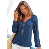 s.Oliver Langarmshirt mit Bindeband in Lederoptik am Ausschnitt, Boho-Style leichtes Viskoseshirt, lockere Passform mit elastischen Abschlüssen