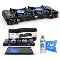 ZMC Gaskocher 2in1 Campingkocher mit Grillplatte 2 Flammig + 24x Gaskartuschen 227g, (mit Piezozündung Grill Platte Tischgrill Doppel Gasbrenner Gasgrill Kochfeld mit LPG Anschluß Wärmeleistung: 2,3KW), Outdoor Camping Gas Kocher Butan Gas Gaskocher 