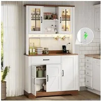 Flieks Küchenbuffet mit Arbeitsplatte in Walnussholzfarbe, Steckdosen und LED-Beleuchtung (1-St., B105/T40/H185 cm) Hochschrank Küchenschrank mit verstellbaren Einlegeböden Weiß