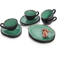 SÄNGER Kaffeeservice Palm Beach (12-tlg), 4 Personen, Steingut, Kaffeetassen Set, Grün Schwarz, Handmade, Premium Collection