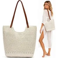 Mutig Strandtasche Sommer Strandtasche Damen Boho Häkeltasche Strand Mesh Tragetasche (Strohtasche Beach Handtasche Leicht Umhängetasche Vintage Sommertasche, Einkaufstasche Lässige, Reisetaschen Tasche, faltbar Hobo Taschen), für Reisen Einkaufen, U