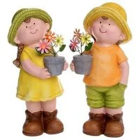 Dragimex Gartenfigur Sommerkinder Gärtnerkinder mit Blumentopf 25 cm 2er SET
