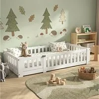 Simurq Einzelbett Kinderbett Einzelbett Bodenbett Montessori-Bett (Inklusive Lattenrost, Keine Matratze), Sicherheitsgitter, Kiefernholz, Weiß, 80x160 cm