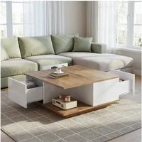 STILVORA Couchtisch mit offenem Stauraum,Beistelltisch Kaffeetisch mit 3 Schubladen,Natur (Sofatisch,Beistelltisch, 1-St., mit 3 Schubladen), geometrischer Kaffeetish