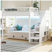 Odikalo Hochbett Jugendbett mit Stauraum, ideal für kleine Wohnungen oder Apartments (Hochbett 90x200 / 140x200 cm mit Sicherheitsaufbewahrungsleiter, Sicherheitsumrandung, Bettgestell aus massiver Kiefer, Geeignet für Kinder, Jugendliche und Erwachs
