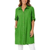 dy_mode Longbluse Damen Leinen Longbluse Sommer Hemdbluse Blusenkleid Luftige Tunika in Unifarbe, mit Knopfleiste