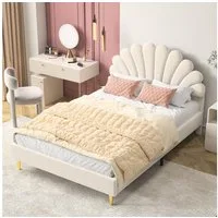 Furnishings Home Polsterbett Kinderbett Doppelbett Samt 140x200 cm (Geeignet für Jugendliche und Kinder), Blütenblattform Kopfteil Mit Lattenrost