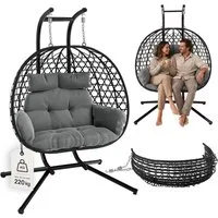 STEELSØN Hängesessel Sarin mit Sitzkissen (für 2 Personen, grau, bis 220 kg belastbar), Rattan-Korb & Metallgestell, Indoor & Outdoor geeignet