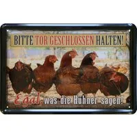 WOGEKA ART Metallbild Hühner - Tor geschlossen halten - 20 x 30 cm Retro Blechschild, Metallschild Wanddeko Spruch Schild Wandbild Camping Huhn Hühnerstall
