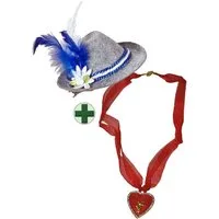 Karneval-Klamotten Kostüm Bayernhut Damen grau blau Edelweiß und Halskette, Accessoires für Oktoberfest