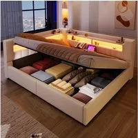 Merax Daybett 140x200cm mit LED-Beleuchtung & USB, Typ-C Ladefunktion (Jugendbett Schlafsofa Sofabett Einzel-Doppelbett, 1 tlg), Tagesbett mit hydraulischem Stauraum und Staufächern, Leinen