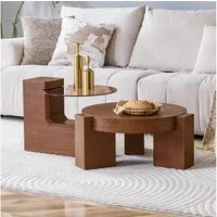 REDOM Couchtisch Beistelltisch-Set 2-teilig trennbar aus MDF (1-St., mit transparentem Glas 0,6 cm), vielseitig nutzbar als Wohnzimmertisch und separate Beistelltische