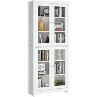 Homfa Vitrine Vitrinenschrank, Bücherschrank, 190 cm Hochschrank mit 4 Glastüren, 6 Fächern, 80x33x190cm, Weiß, aus Holz