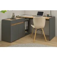 Furn.Design Schreibtisch Center (Set 3-teilig inklusive Container und Kommode, Grau mit Wotan Eiche), viel Stauraum