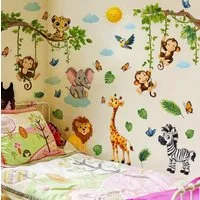 Montegoni Wandsticker Dschungel Tiere Wandsticker Set Kinderzimmer Junge Wandtattoo (Mehrteiliges Wandsticker Set, 4pcs 2D Flat Wandsticker), Selbstklebend, Ablösbar, Glänzend, Mehrteilig, Dekorativ