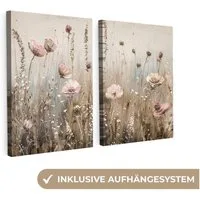 MuchoWow Leinwandbild Blumen - Beige - Modern - Rosa, Fotodruck (2 St), Wand Bilder 2 Set, Deko Schlafzimmer Wohnzimmer Flur 60x40 cm