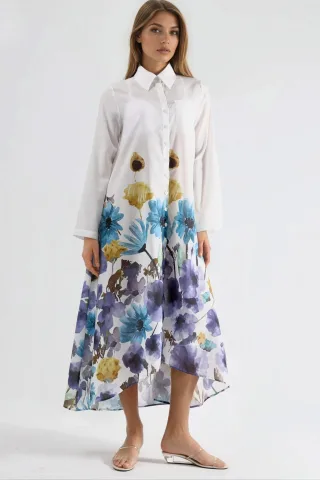 Blumen-Maxi-Kleid mit Hemdkragen und Knopfleiste