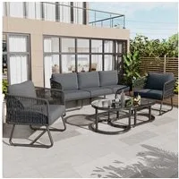 Celya Gartenlounge-Set Gartenmöbel-Set aus Seil 5 personen, mit esstisch, 5er-Set, (graues Seil, verstellbare Füße, Tischplatte aus glattem Glas, inklusive aller Sitz- und Rückenkissen), mit Rahmen aus verzinktem Eisen