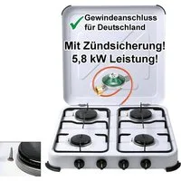 BlueCraft Gaskocher 4 flammig mit Zündsicherung 50mbar Propan Gas Campingkocher 5,8 kW, (mit Schlauch 100 cm und Gas Regler Druckminderer), Camping Gas Kocher 4 flammen für Gasflasche Gasherd Gas-Kochfeld