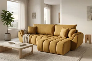 Ecksofa Schlafsofa Sofa COLLIN in Stoff Monolith Honiggelb Ottomane Rechts