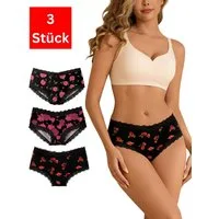 Elegant Love Slip Damen Panty mit Blumenprint und Spitzenbesatz, geblümte Unterhose (Packung, 3-St., 3er-Pack) Hipster Slip, Unterwäsche mit niedriger Taille und schwarzer Spitze